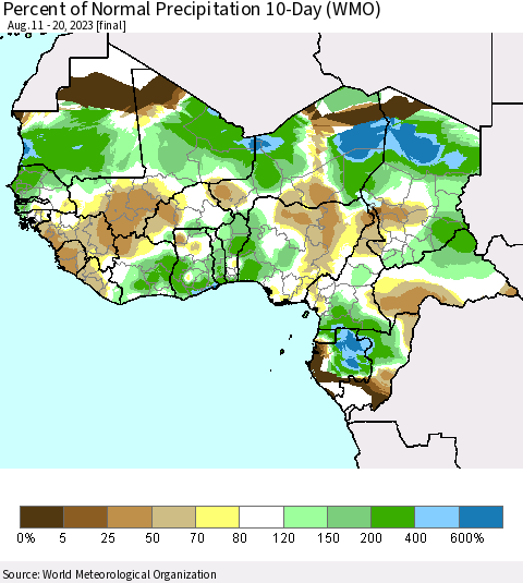 Western Africa Percent of Normal Precipitation 10-Day (WMO) Thematic Map For 8/11/2023 - 8/20/2023