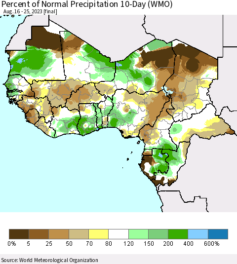 Western Africa Percent of Normal Precipitation 10-Day (WMO) Thematic Map For 8/16/2023 - 8/25/2023