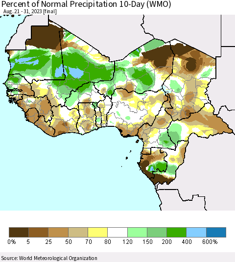 Western Africa Percent of Normal Precipitation 10-Day (WMO) Thematic Map For 8/21/2023 - 8/31/2023