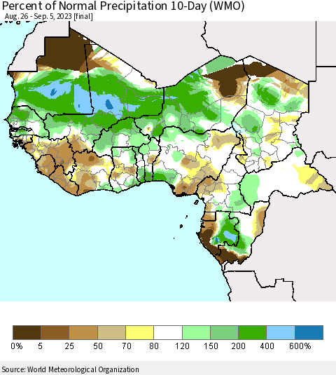 Western Africa Percent of Normal Precipitation 10-Day (WMO) Thematic Map For 8/26/2023 - 9/5/2023