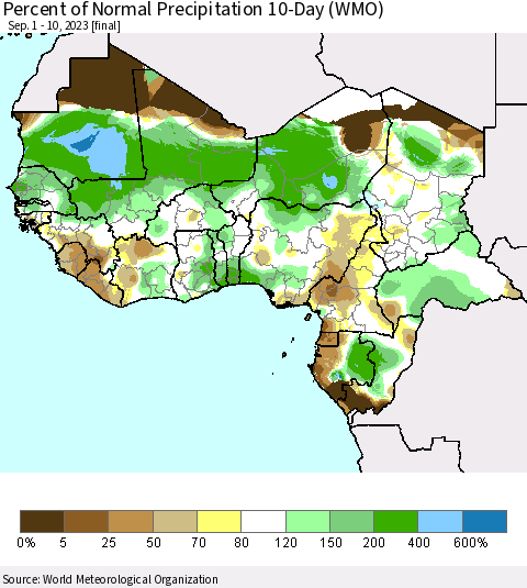 Western Africa Percent of Normal Precipitation 10-Day (WMO) Thematic Map For 9/1/2023 - 9/10/2023