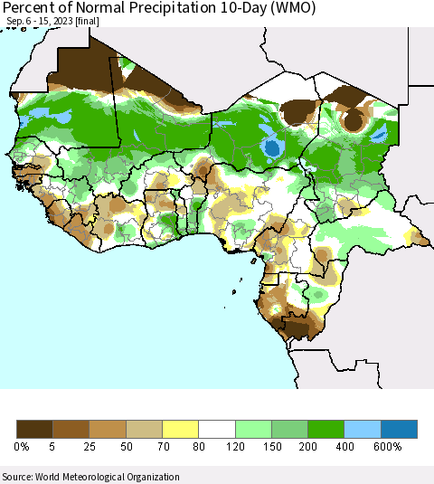 Western Africa Percent of Normal Precipitation 10-Day (WMO) Thematic Map For 9/6/2023 - 9/15/2023