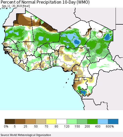 Western Africa Percent of Normal Precipitation 10-Day (WMO) Thematic Map For 9/11/2023 - 9/20/2023