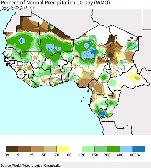 Western Africa Percent of Normal Precipitation 10-Day (WMO) Thematic Map For 9/16/2023 - 9/25/2023