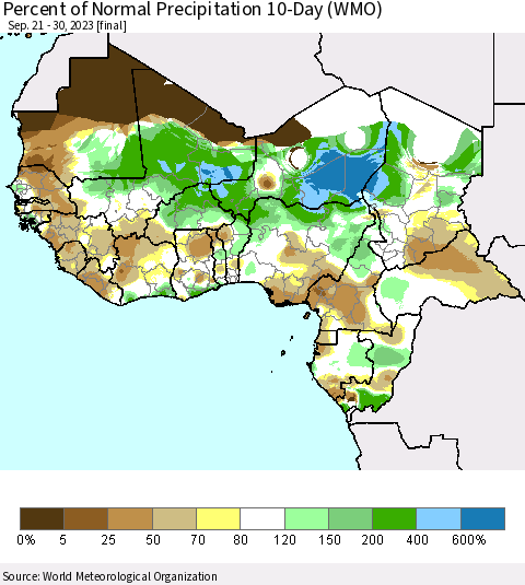 Western Africa Percent of Normal Precipitation 10-Day (WMO) Thematic Map For 9/21/2023 - 9/30/2023