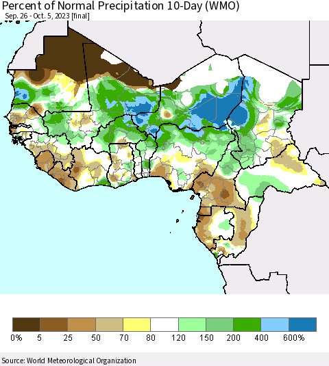 Western Africa Percent of Normal Precipitation 10-Day (WMO) Thematic Map For 9/26/2023 - 10/5/2023