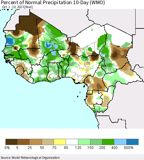 Western Africa Percent of Normal Precipitation 10-Day (WMO) Thematic Map For 10/1/2023 - 10/10/2023