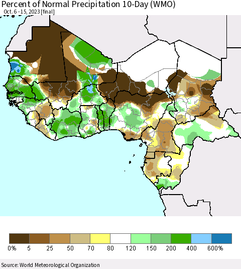 Western Africa Percent of Normal Precipitation 10-Day (WMO) Thematic Map For 10/6/2023 - 10/15/2023
