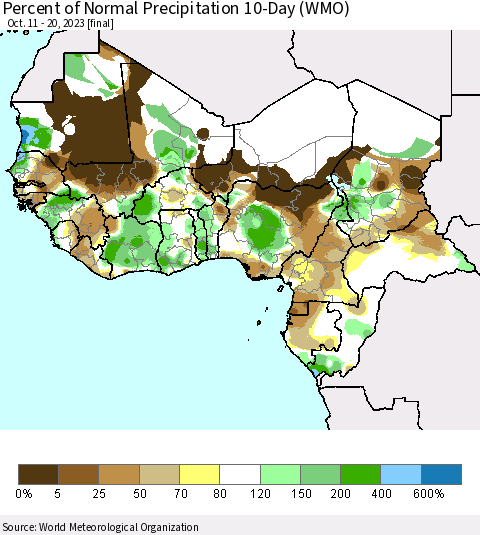 Western Africa Percent of Normal Precipitation 10-Day (WMO) Thematic Map For 10/11/2023 - 10/20/2023