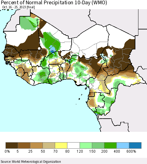 Western Africa Percent of Normal Precipitation 10-Day (WMO) Thematic Map For 10/16/2023 - 10/25/2023