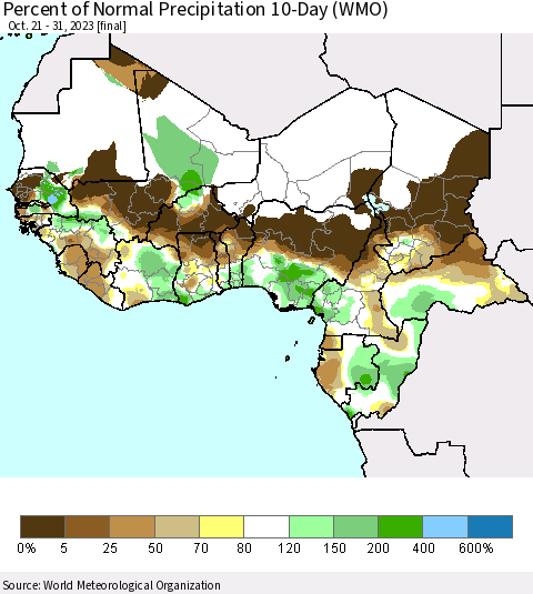 Western Africa Percent of Normal Precipitation 10-Day (WMO) Thematic Map For 10/21/2023 - 10/31/2023