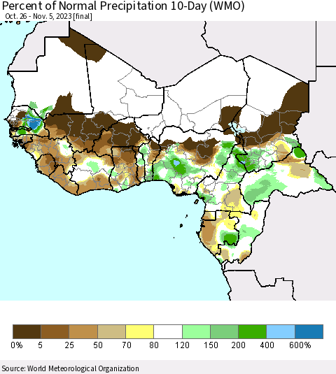 Western Africa Percent of Normal Precipitation 10-Day (WMO) Thematic Map For 10/26/2023 - 11/5/2023