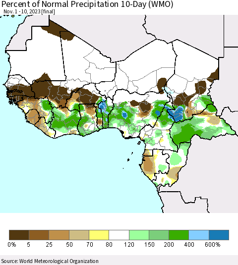 Western Africa Percent of Normal Precipitation 10-Day (WMO) Thematic Map For 11/1/2023 - 11/10/2023