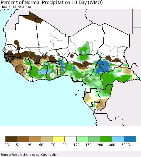 Western Africa Percent of Normal Precipitation 10-Day (WMO) Thematic Map For 11/6/2023 - 11/15/2023