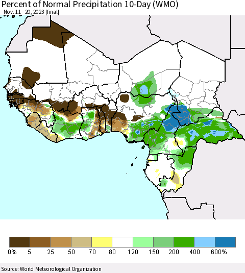 Western Africa Percent of Normal Precipitation 10-Day (WMO) Thematic Map For 11/11/2023 - 11/20/2023
