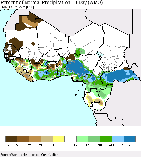 Western Africa Percent of Normal Precipitation 10-Day (WMO) Thematic Map For 11/16/2023 - 11/25/2023