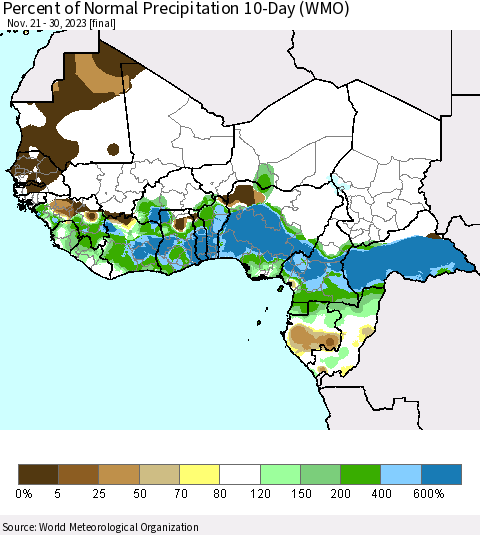 Western Africa Percent of Normal Precipitation 10-Day (WMO) Thematic Map For 11/21/2023 - 11/30/2023