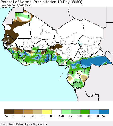 Western Africa Percent of Normal Precipitation 10-Day (WMO) Thematic Map For 11/26/2023 - 12/5/2023