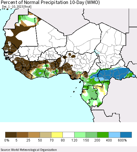 Western Africa Percent of Normal Precipitation 10-Day (WMO) Thematic Map For 12/1/2023 - 12/10/2023