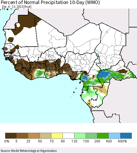 Western Africa Percent of Normal Precipitation 10-Day (WMO) Thematic Map For 12/6/2023 - 12/15/2023