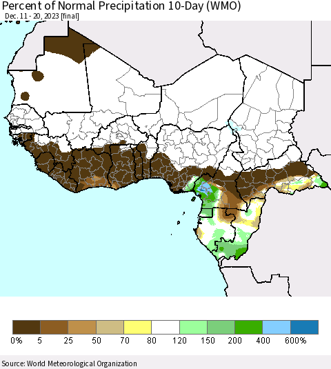 Western Africa Percent of Normal Precipitation 10-Day (WMO) Thematic Map For 12/11/2023 - 12/20/2023