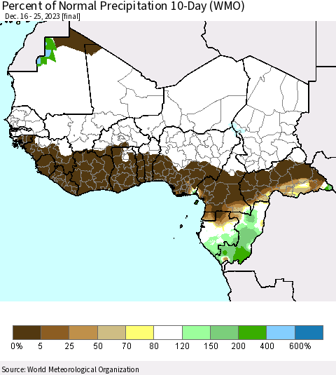 Western Africa Percent of Normal Precipitation 10-Day (WMO) Thematic Map For 12/16/2023 - 12/25/2023
