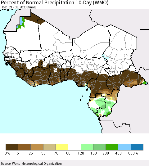 Western Africa Percent of Normal Precipitation 10-Day (WMO) Thematic Map For 12/21/2023 - 12/31/2023