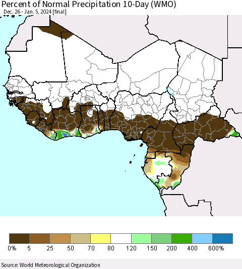 Western Africa Percent of Normal Precipitation 10-Day (WMO) Thematic Map For 12/26/2023 - 1/5/2024