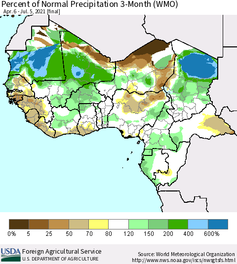 Western Africa Percent of Normal Precipitation 3-Month (WMO) Thematic Map For 4/6/2021 - 7/5/2021