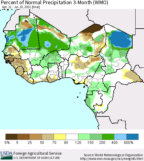 Western Africa Percent of Normal Precipitation 3-Month (WMO) Thematic Map For 4/11/2021 - 7/10/2021