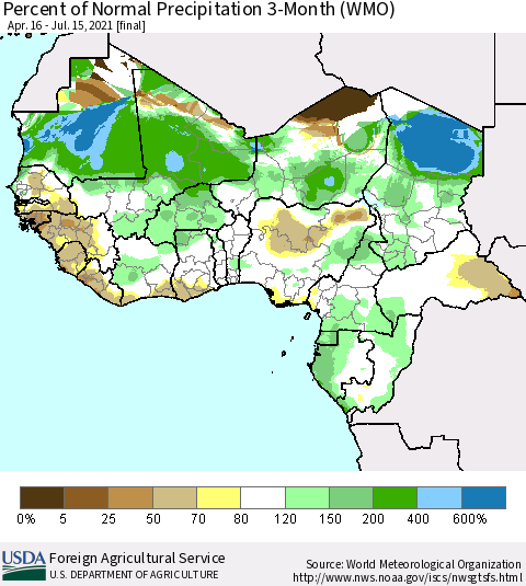 Western Africa Percent of Normal Precipitation 3-Month (WMO) Thematic Map For 4/16/2021 - 7/15/2021