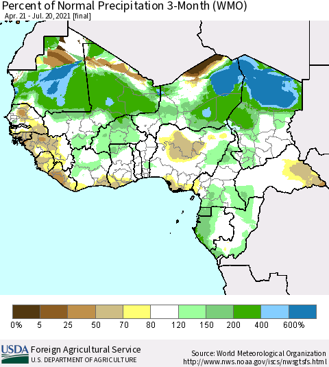 Western Africa Percent of Normal Precipitation 3-Month (WMO) Thematic Map For 4/21/2021 - 7/20/2021