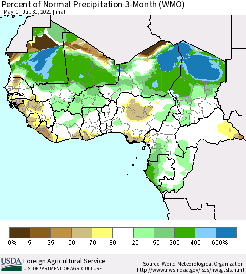 Western Africa Percent of Normal Precipitation 3-Month (WMO) Thematic Map For 5/1/2021 - 7/31/2021