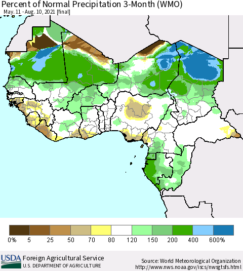 Western Africa Percent of Normal Precipitation 3-Month (WMO) Thematic Map For 5/11/2021 - 8/10/2021