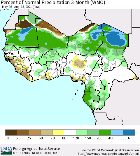 Western Africa Percent of Normal Precipitation 3-Month (WMO) Thematic Map For 5/16/2021 - 8/15/2021