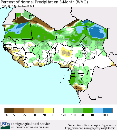 Western Africa Percent of Normal Precipitation 3-Month (WMO) Thematic Map For 5/21/2021 - 8/20/2021