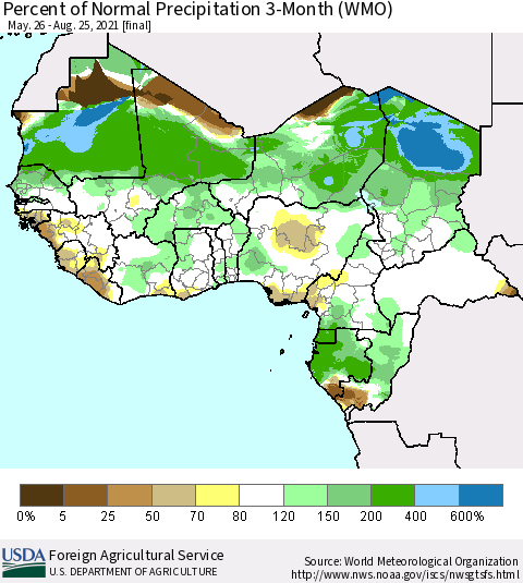Western Africa Percent of Normal Precipitation 3-Month (WMO) Thematic Map For 5/26/2021 - 8/25/2021