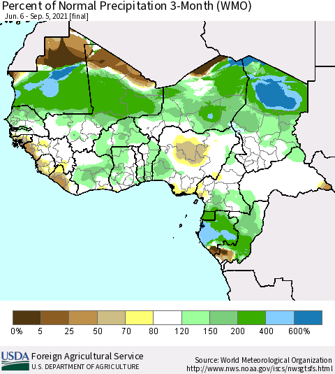 Western Africa Percent of Normal Precipitation 3-Month (WMO) Thematic Map For 6/6/2021 - 9/5/2021