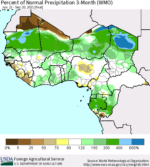 Western Africa Percent of Normal Precipitation 3-Month (WMO) Thematic Map For 6/21/2021 - 9/20/2021
