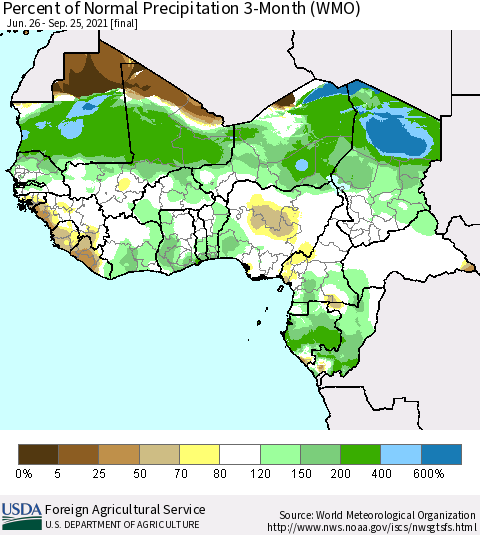 Western Africa Percent of Normal Precipitation 3-Month (WMO) Thematic Map For 6/26/2021 - 9/25/2021
