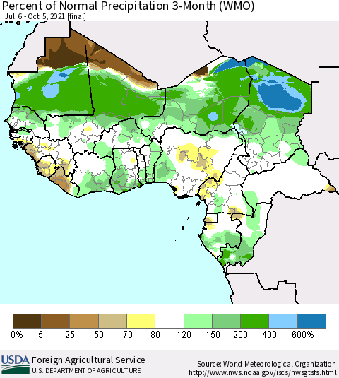 Western Africa Percent of Normal Precipitation 3-Month (WMO) Thematic Map For 7/6/2021 - 10/5/2021