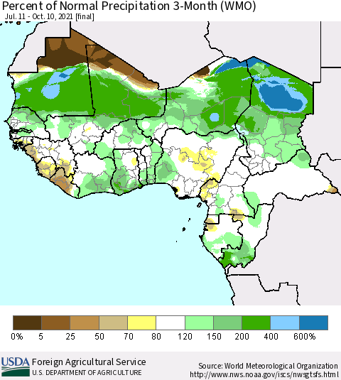 Western Africa Percent of Normal Precipitation 3-Month (WMO) Thematic Map For 7/11/2021 - 10/10/2021