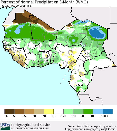 Western Africa Percent of Normal Precipitation 3-Month (WMO) Thematic Map For 7/21/2021 - 10/20/2021