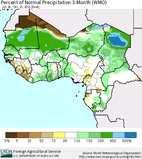 Western Africa Percent of Normal Precipitation 3-Month (WMO) Thematic Map For 7/26/2021 - 10/25/2021