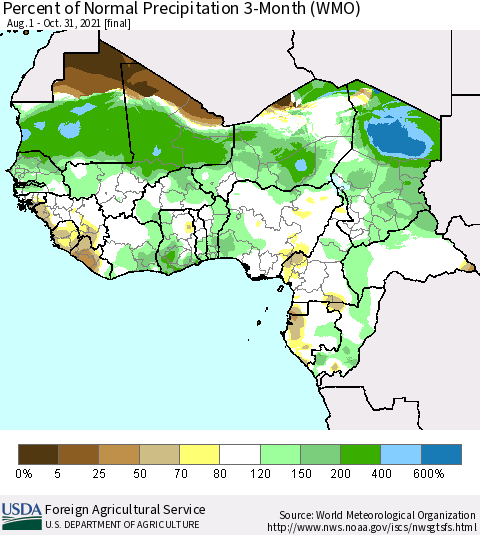Western Africa Percent of Normal Precipitation 3-Month (WMO) Thematic Map For 8/1/2021 - 10/31/2021