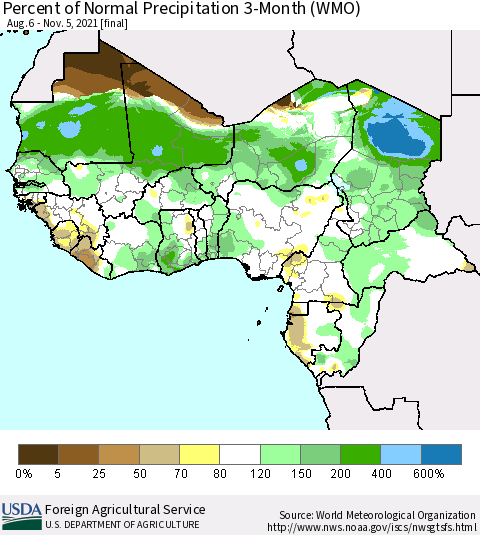 Western Africa Percent of Normal Precipitation 3-Month (WMO) Thematic Map For 8/6/2021 - 11/5/2021