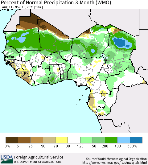 Western Africa Percent of Normal Precipitation 3-Month (WMO) Thematic Map For 8/11/2021 - 11/10/2021