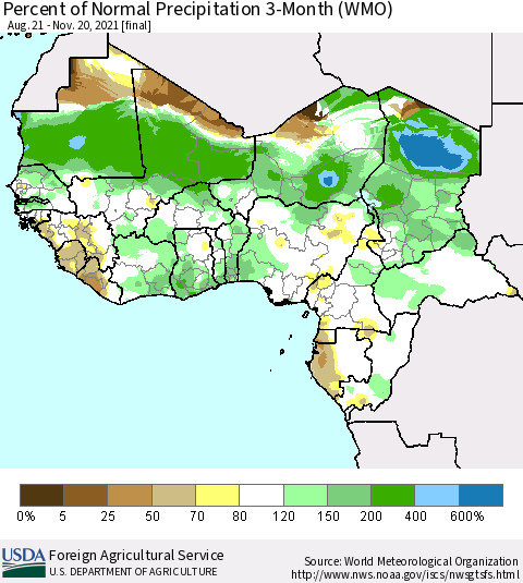 Western Africa Percent of Normal Precipitation 3-Month (WMO) Thematic Map For 8/21/2021 - 11/20/2021