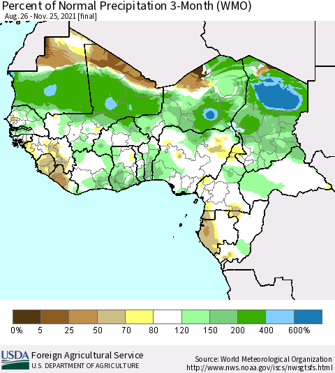 Western Africa Percent of Normal Precipitation 3-Month (WMO) Thematic Map For 8/26/2021 - 11/25/2021