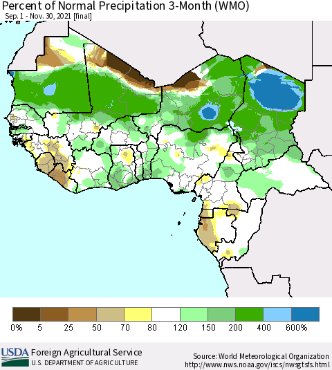 Western Africa Percent of Normal Precipitation 3-Month (WMO) Thematic Map For 9/1/2021 - 11/30/2021